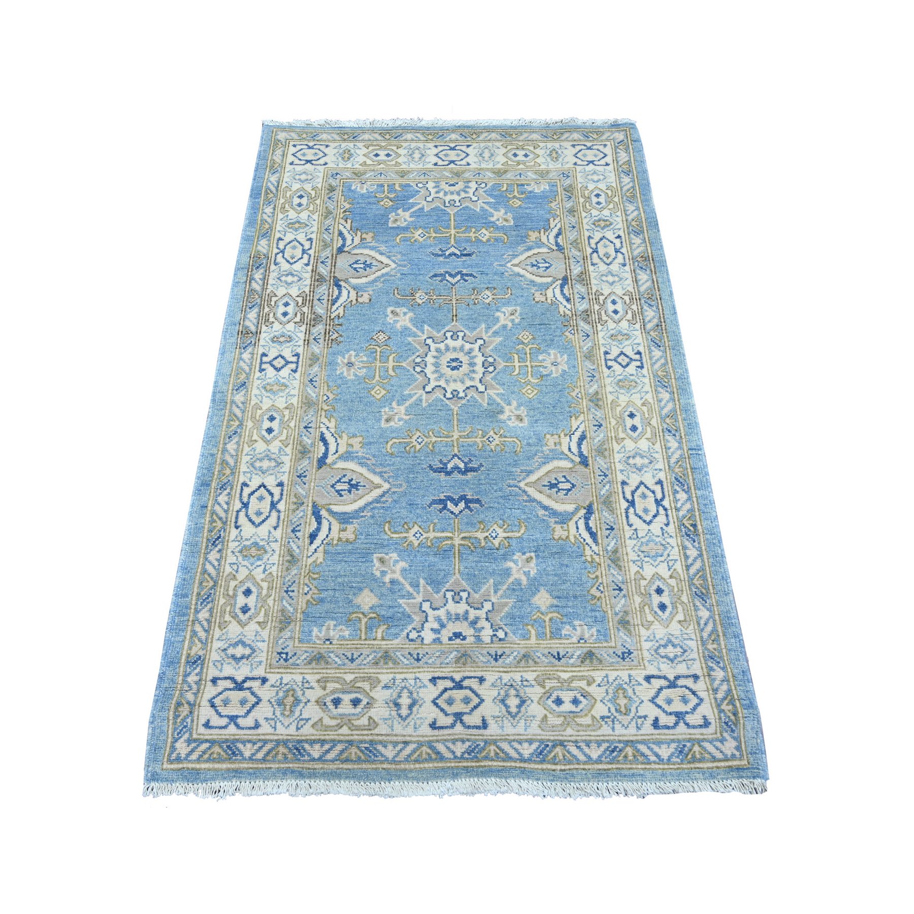 3'1"x5' Marlin Blue, Hand Knotted, Vintage Look Kazak with Tribal Design, 100% Wool, Natural Dyes, Oriental Rug 